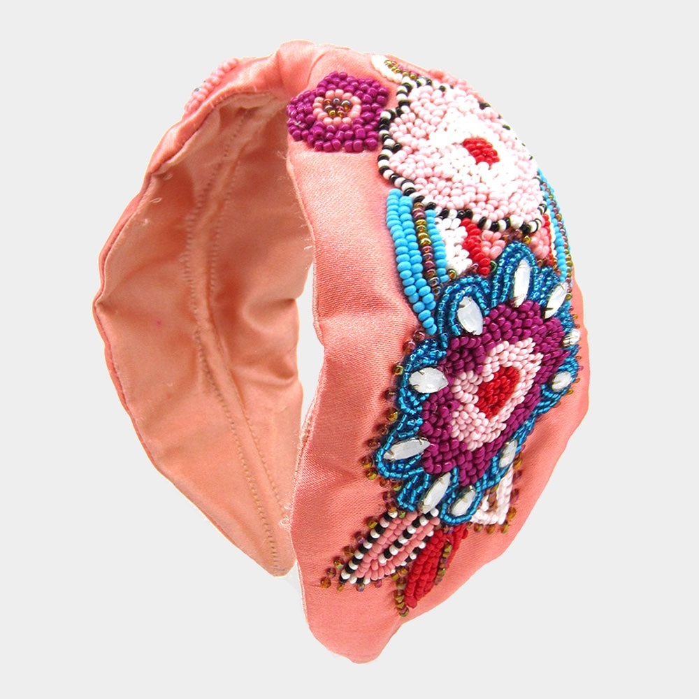 Coral Pink Beaded Floral Headband Embellished Statement Hairband NWT